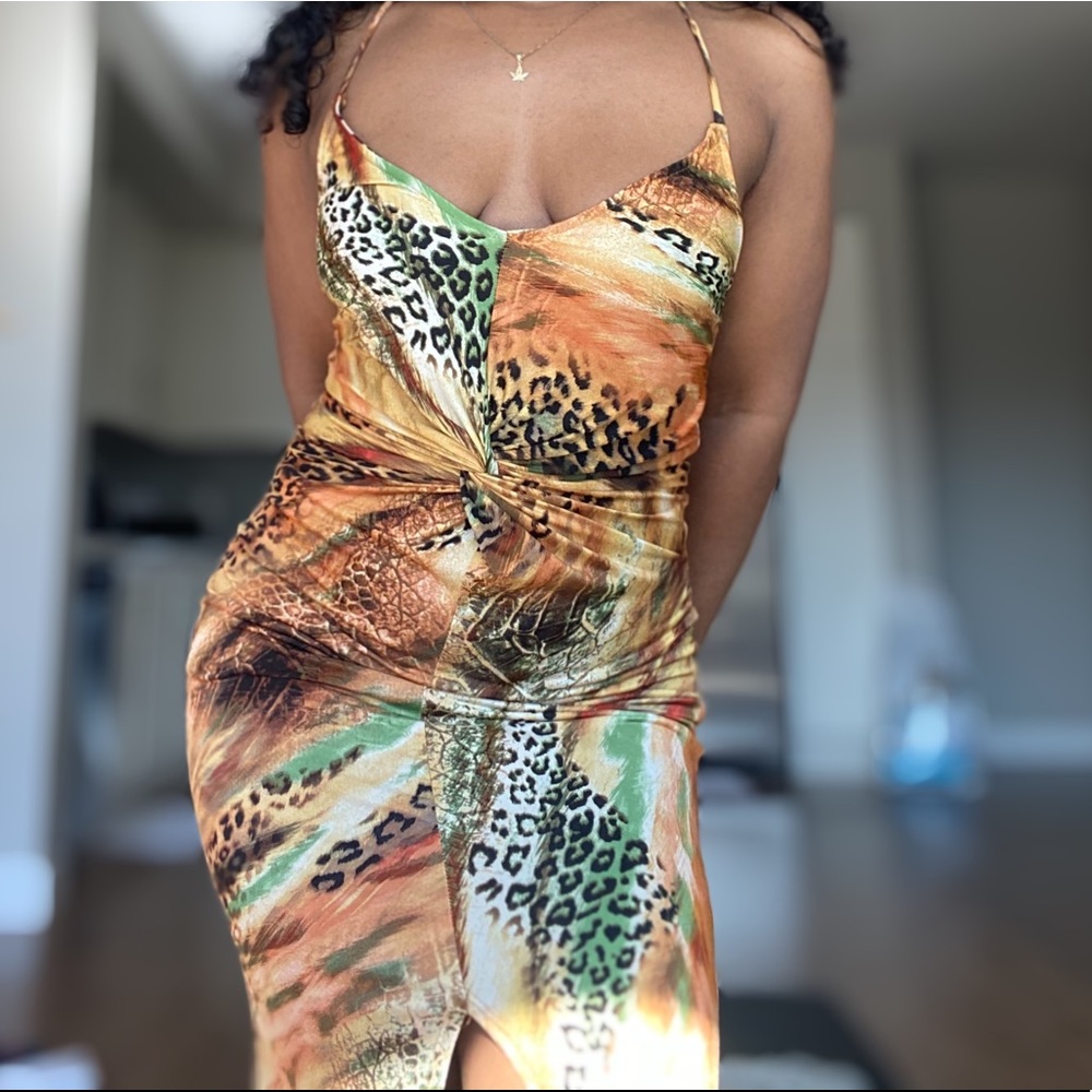 Long animal print body con dress